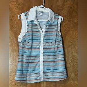Unique Vintage Blue Striped Sleeveless Button-Down Shirt